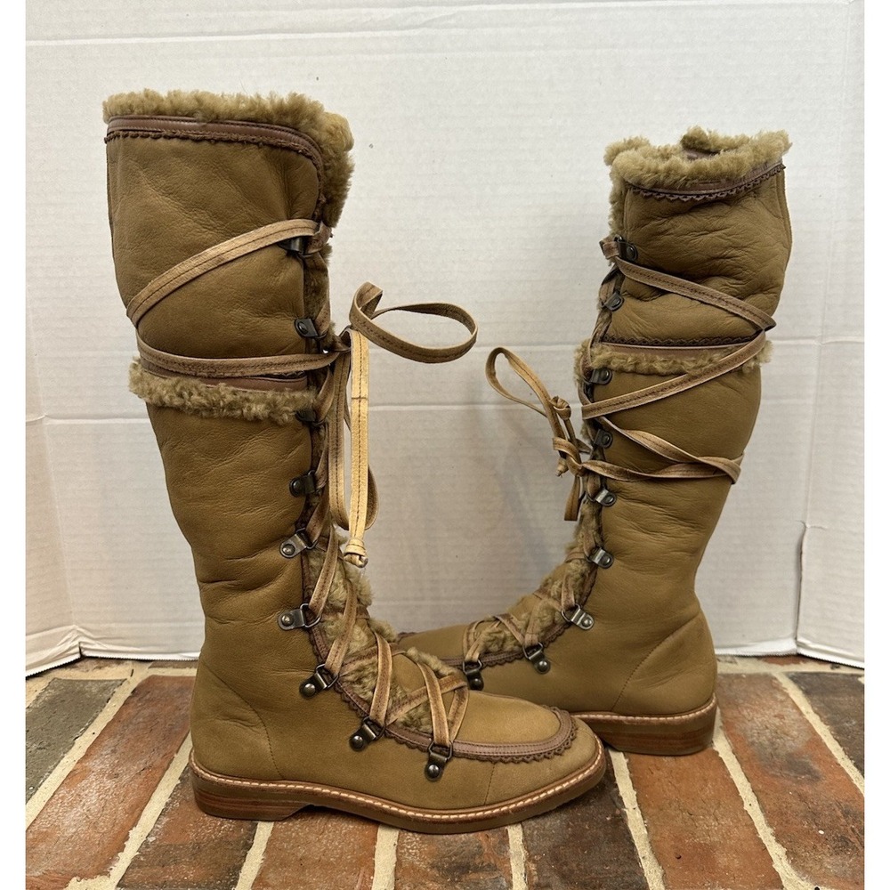 Cole Haan Leather Shearling Lined Tall Lace Up Boots Zip Moccasin Style Women 7